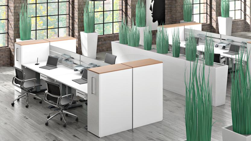 Großraumbürogestaltung Gestaltung eines Großraumbüros mit weiß lackierten Doppelschreibtischen und niedrigen Raumtrennern bepflanzt, Industrieräume